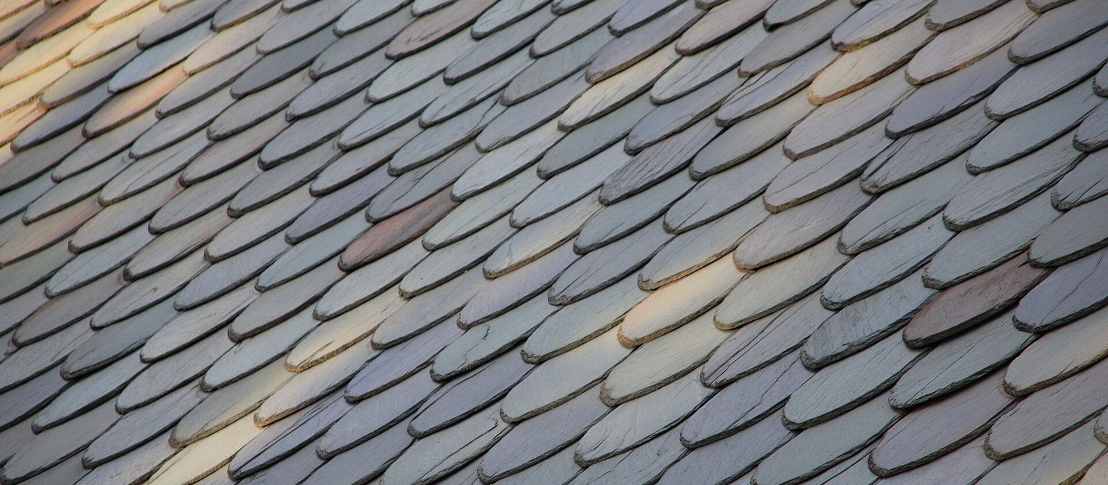 Toiture en ardoises vue de près, avec des nuances de gris et de bleu